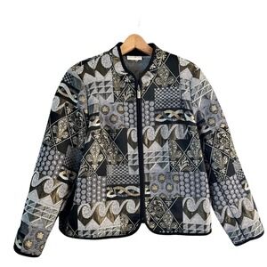 PRESWICK & MOORE Tapestry Jacket Black Gold Silver Full Zip Long Sleeves XL EUC